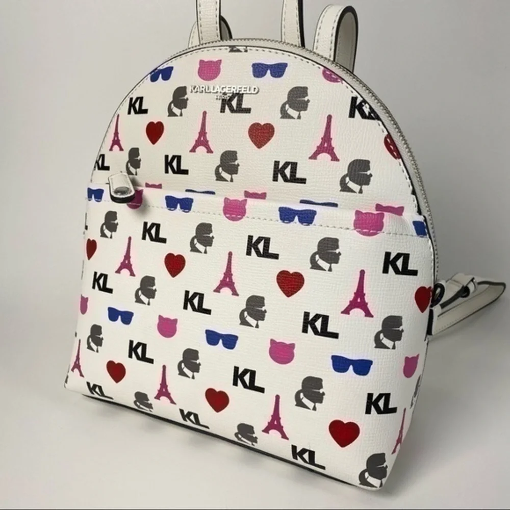 Karl Lagerfeld Backpack Bag Paris Maybelle  White Signature Eiffel Tower Print